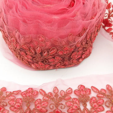 Pink Net Fabric Lace Trim with Floral Embroidery, Lace Trim, Sari Border